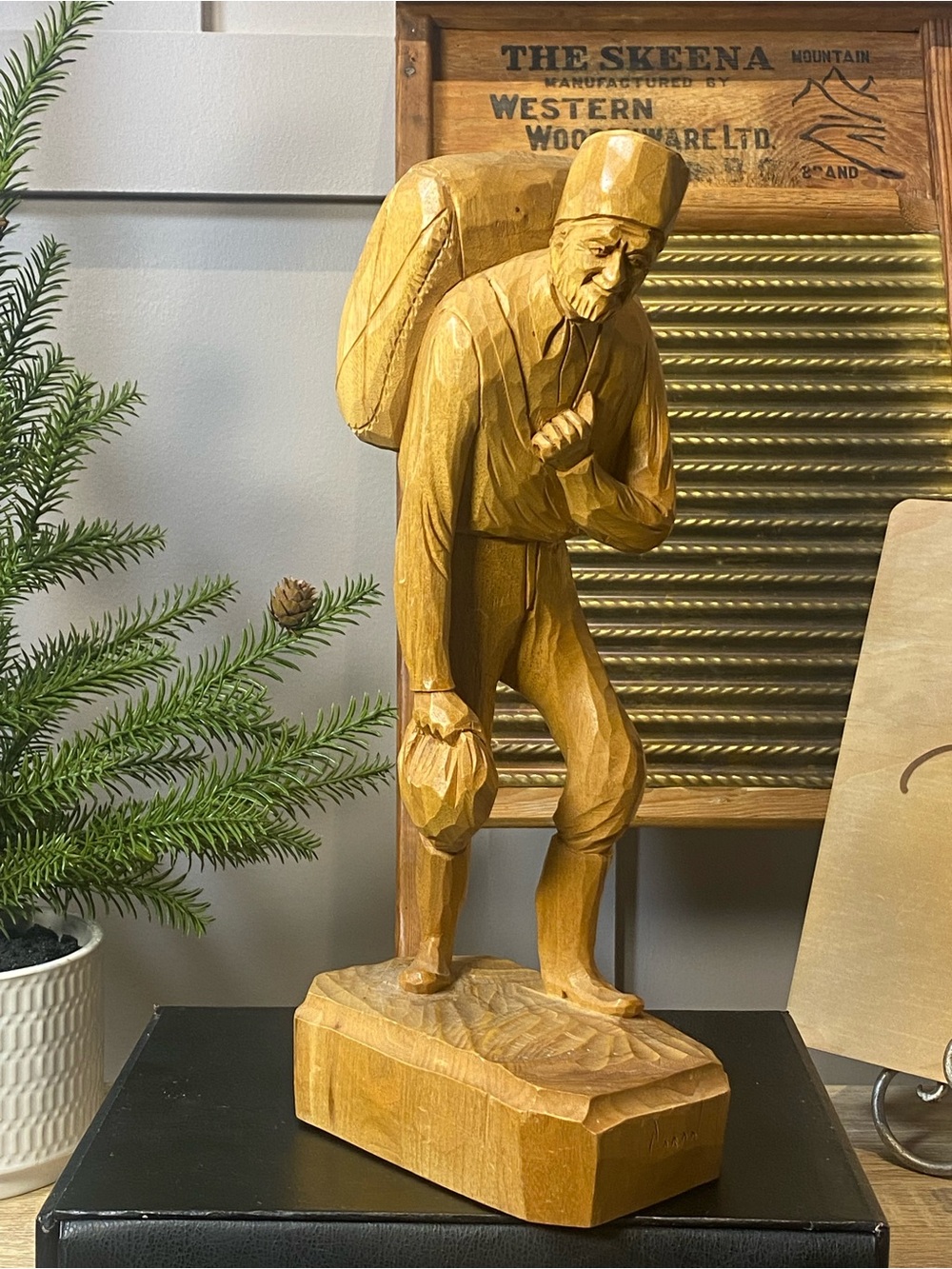 1960 Wood Carving Quebec Canada Bearded Man Carrying Sack 14”